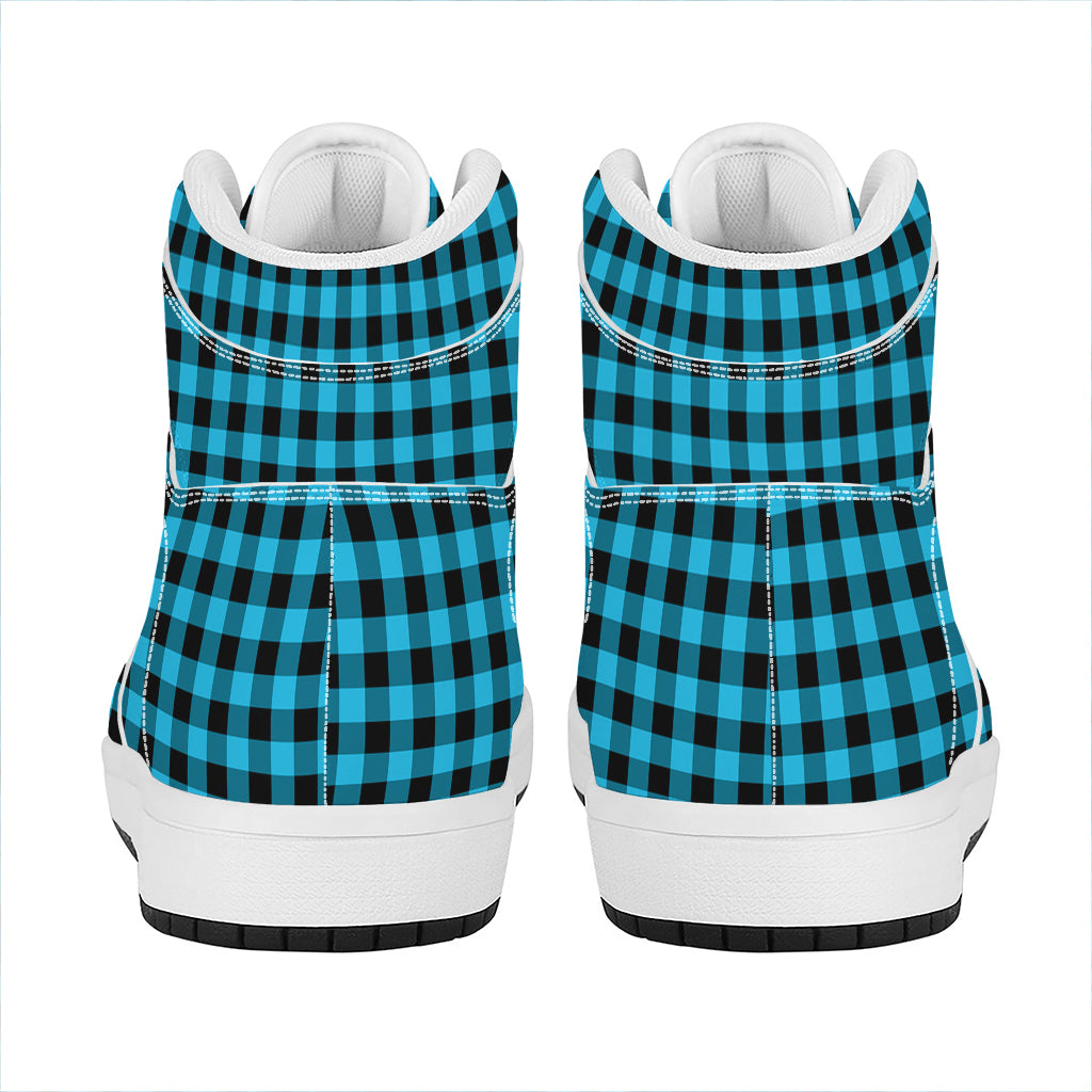 Turquoise And Black Check Pattern Print High Top Leather Sneakers