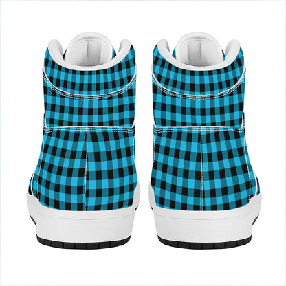 Turquoise And Black Check Pattern Print High Top Leather Sneakers