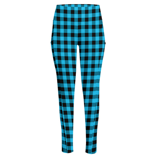 Turquoise And Black Check Pattern Print High-Waisted Pocket Leggings