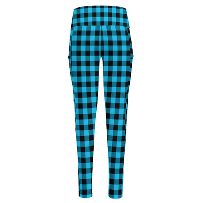 Turquoise And Black Check Pattern Print High-Waisted Pocket Leggings