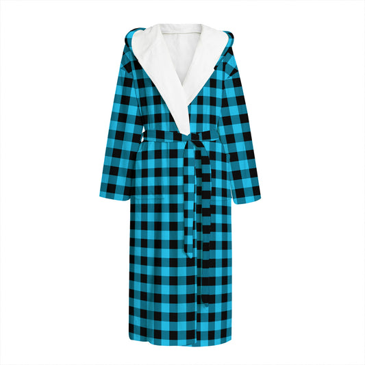 Turquoise And Black Check Pattern Print Hooded Bathrobe
