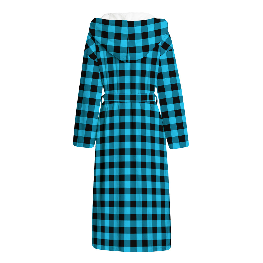 Turquoise And Black Check Pattern Print Hooded Bathrobe