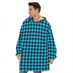 Turquoise And Black Check Pattern Print Hoodie Blanket
