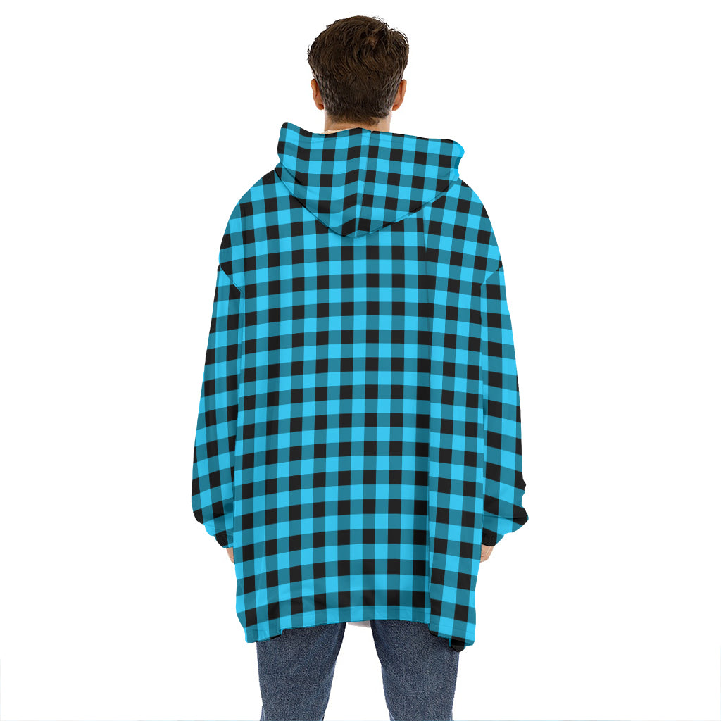 Turquoise And Black Check Pattern Print Hoodie Blanket