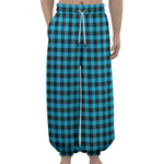 Turquoise And Black Check Pattern Print Lantern Pants