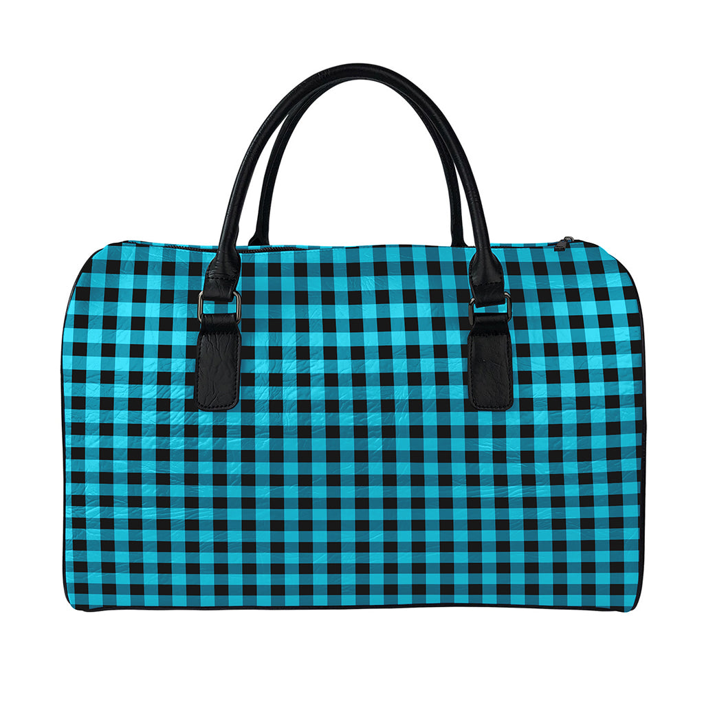 Turquoise And Black Check Pattern Print Leather Duffle Bag