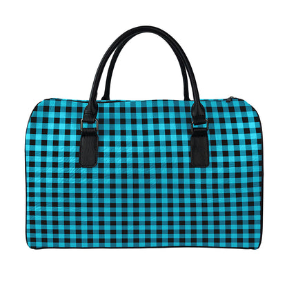 Turquoise And Black Check Pattern Print Leather Duffle Bag