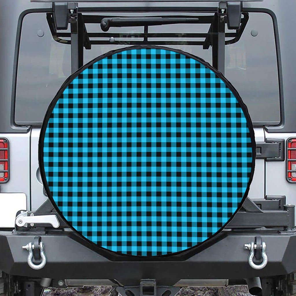 Turquoise And Black Check Pattern Print Leather Spare Tire Cover