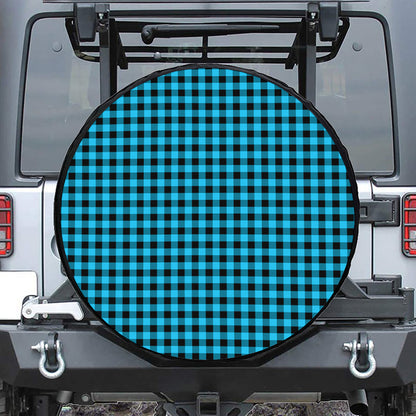 Turquoise And Black Check Pattern Print Leather Spare Tire Cover