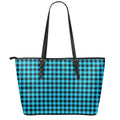 Turquoise And Black Check Pattern Print Leather Tote Bag With Zipper