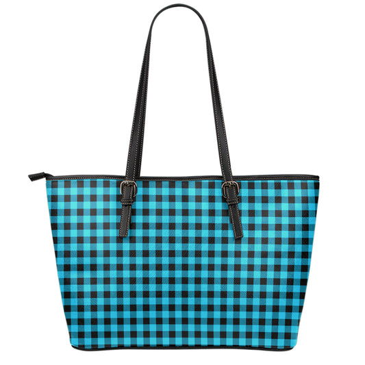 Turquoise And Black Check Pattern Print Leather Tote Bag