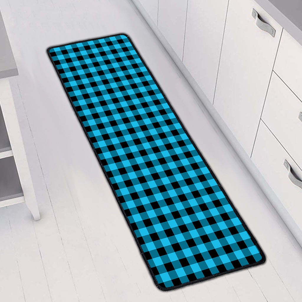 Turquoise And Black Check Pattern Print Long Kitchen Mat