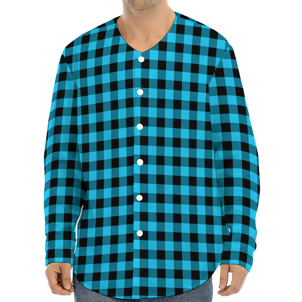 Turquoise And Black Check Pattern Print Long Sleeve Baseball Jersey