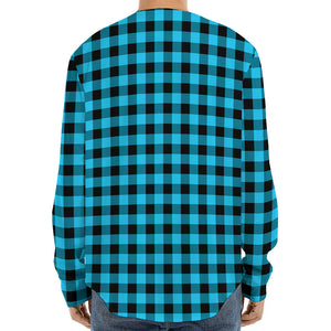 Turquoise And Black Check Pattern Print Long Sleeve Baseball Jersey