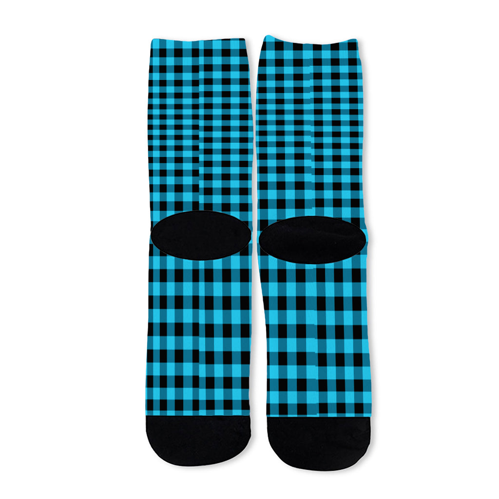 Turquoise And Black Check Pattern Print Long Socks