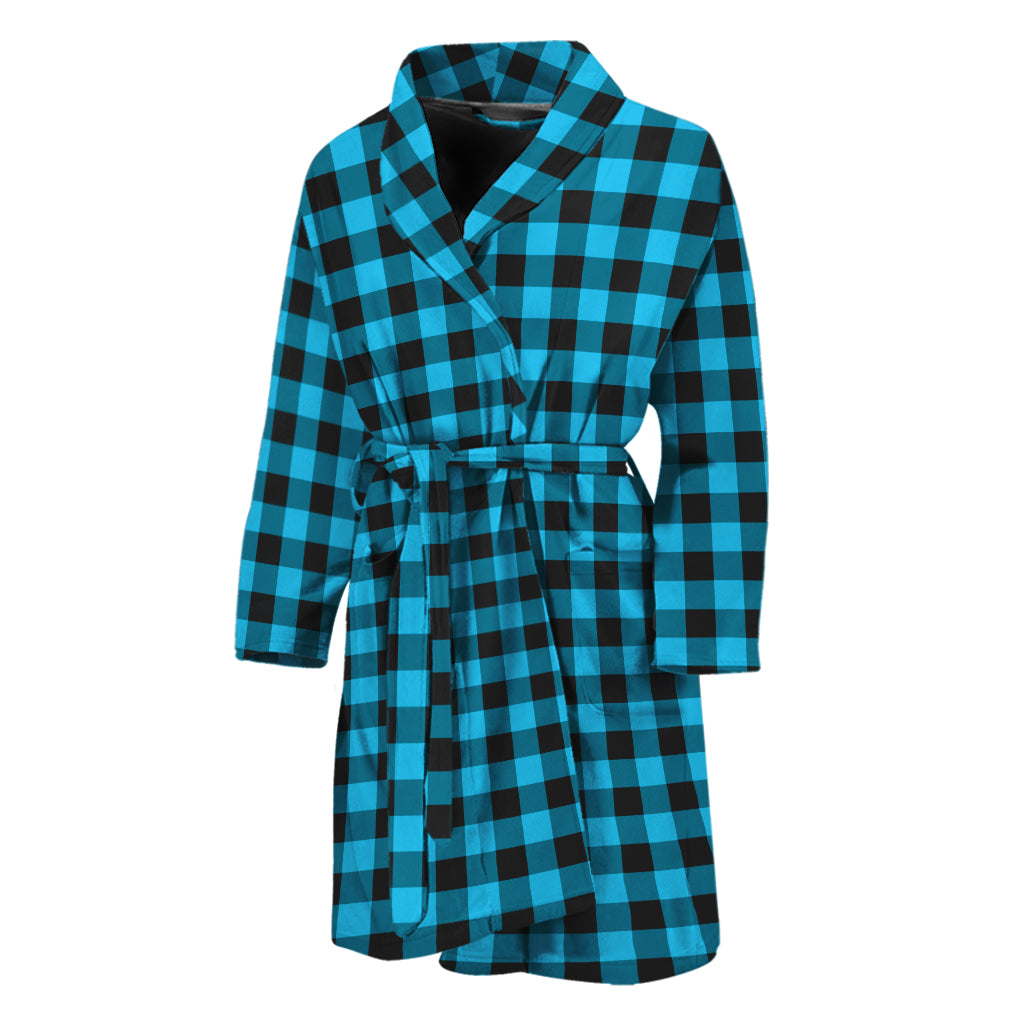 Turquoise And Black Check Pattern Print Men's Bathrobe