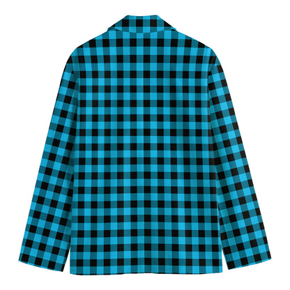 Turquoise And Black Check Pattern Print Men's Blazer