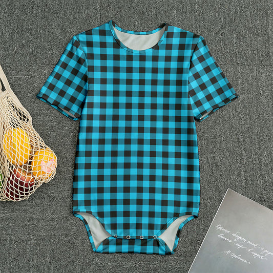Turquoise And Black Check Pattern Print Men's Bodysuit