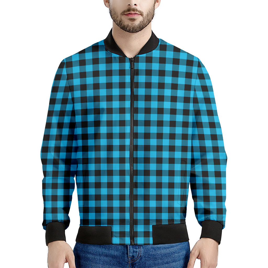 Turquoise And Black Check Pattern Print Men's Bomber Jacket