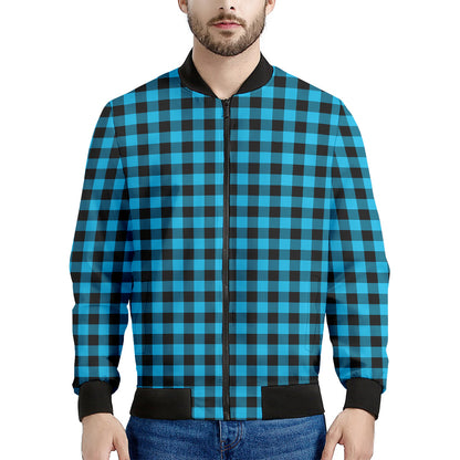 Turquoise And Black Check Pattern Print Men's Bomber Jacket