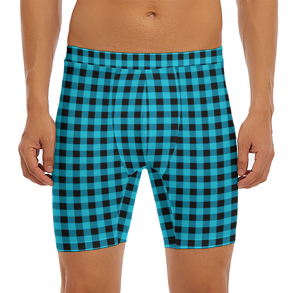 Turquoise And Black Check Pattern Print Men's Long Boxer Briefs