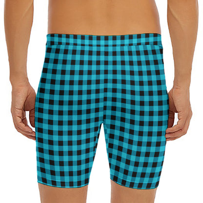Turquoise And Black Check Pattern Print Men's Long Boxer Briefs