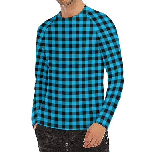 Turquoise And Black Check Pattern Print Men's Long Sleeve Rash Guard