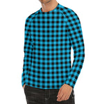 Turquoise And Black Check Pattern Print Men's Long Sleeve Rash Guard