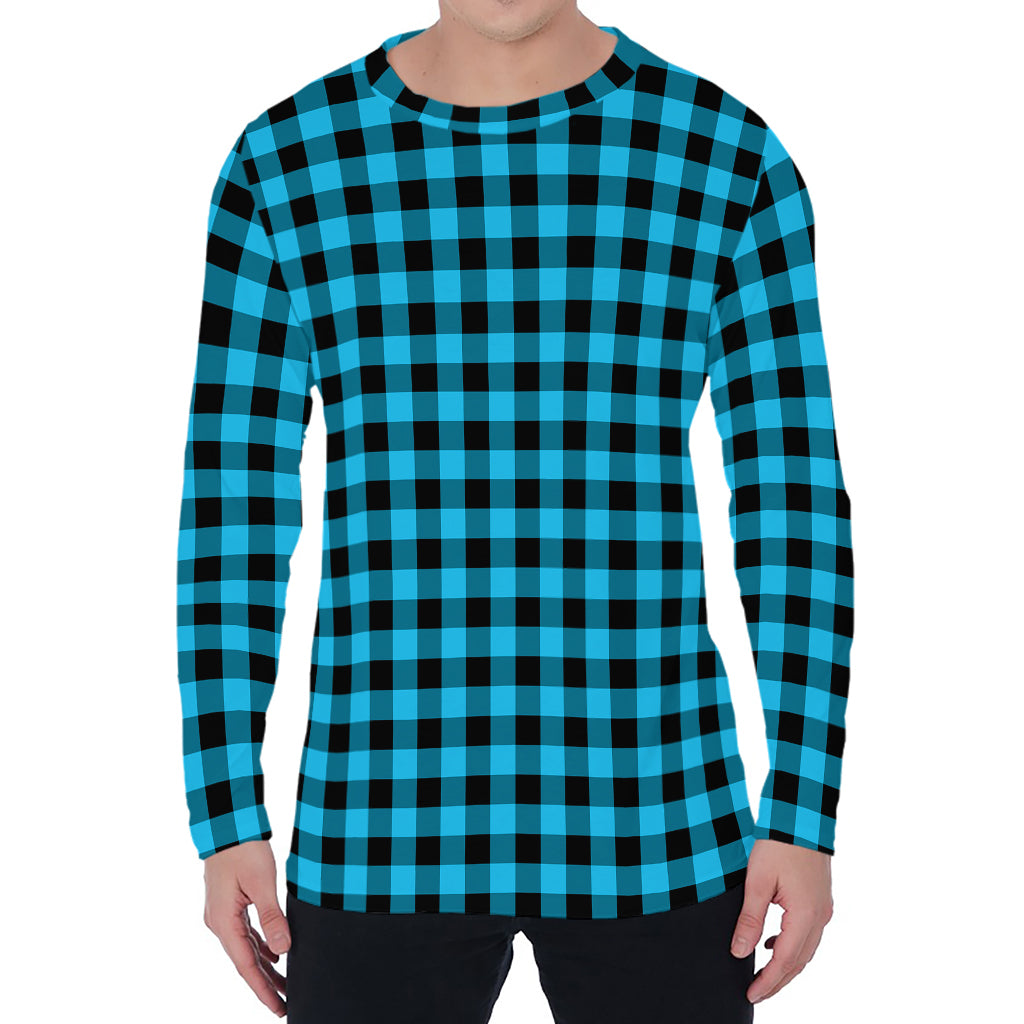 Turquoise And Black Check Pattern Print Men's Long Sleeve T-Shirt