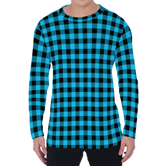 Turquoise And Black Check Pattern Print Men's Long Sleeve T-Shirt