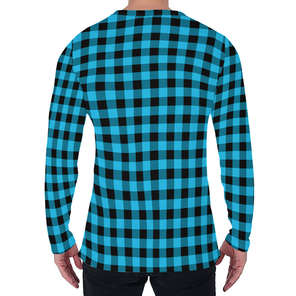 Turquoise And Black Check Pattern Print Men's Long Sleeve T-Shirt