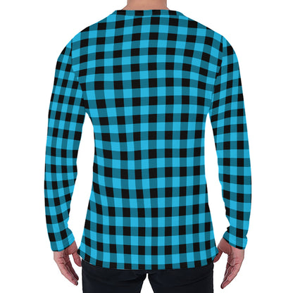 Turquoise And Black Check Pattern Print Men's Long Sleeve T-Shirt