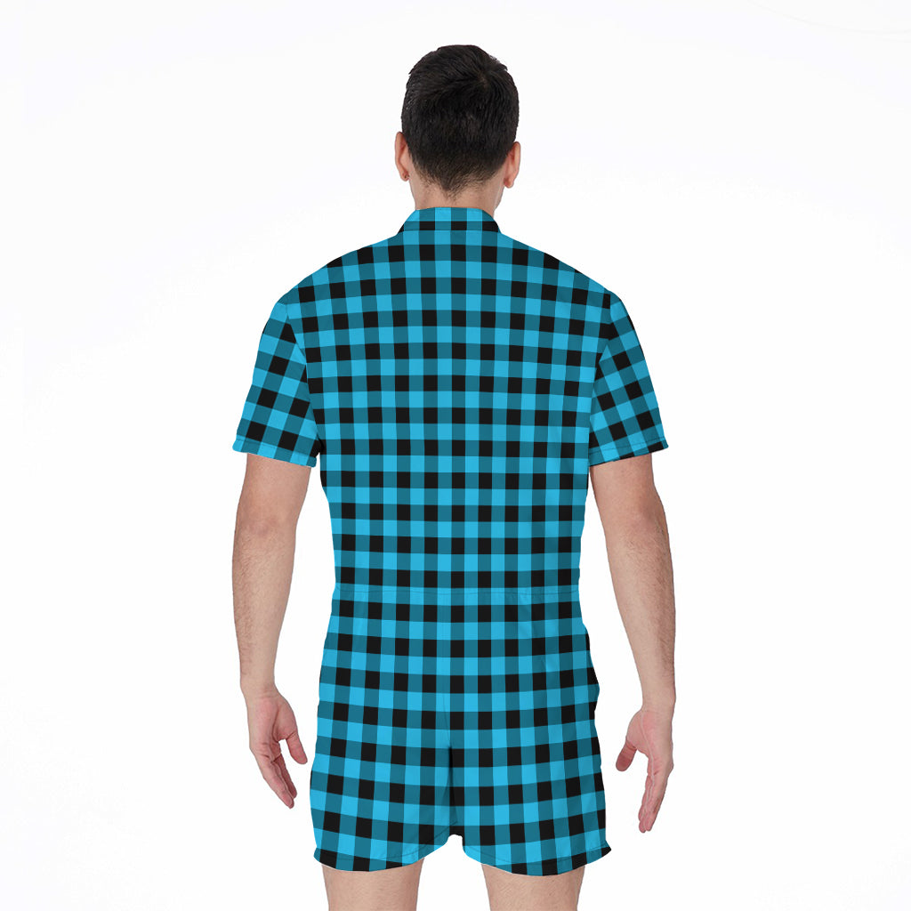 Turquoise And Black Check Pattern Print Men's Rompers