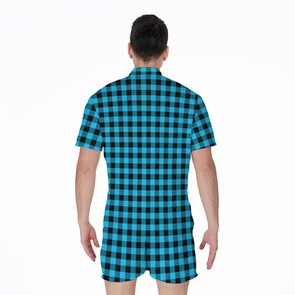Turquoise And Black Check Pattern Print Men's Rompers