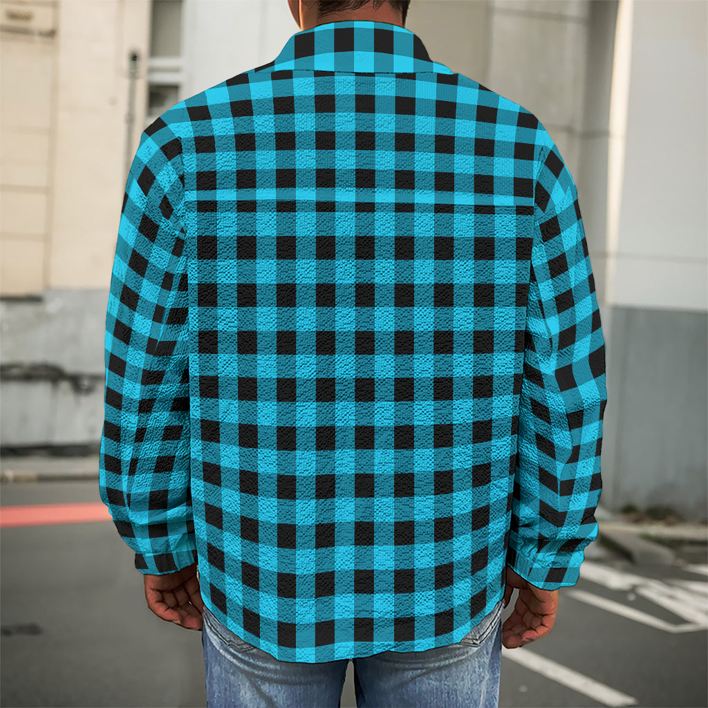 Turquoise And Black Check Pattern Print Men's Shirt Jacket