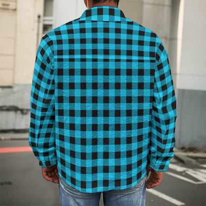 Turquoise And Black Check Pattern Print Men's Shirt Jacket