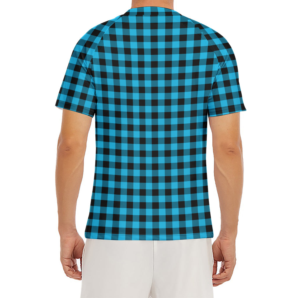 Turquoise And Black Check Pattern Print Men's Short Sleeve Rash Guard