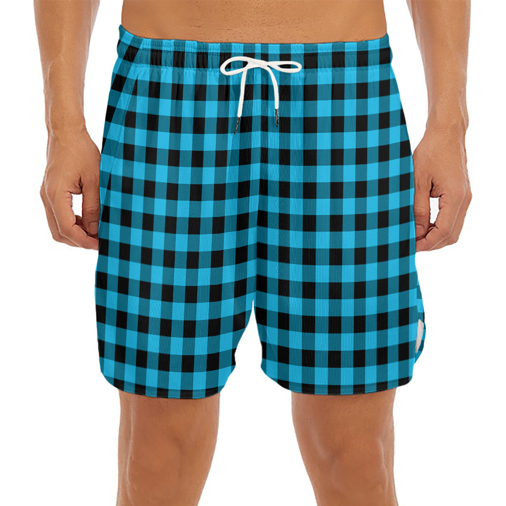 Turquoise And Black Check Pattern Print Men's Split Running Shorts