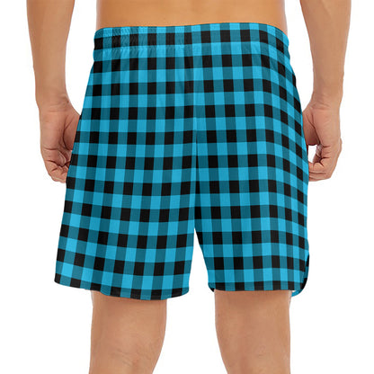 Turquoise And Black Check Pattern Print Men's Split Running Shorts
