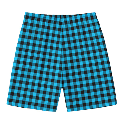 Turquoise And Black Check Pattern Print Men's Swim Trunks