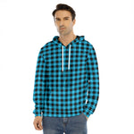 Turquoise And Black Check Pattern Print Men's Velvet Pullover Hoodie