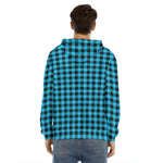 Turquoise And Black Check Pattern Print Men's Velvet Pullover Hoodie