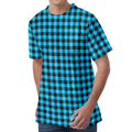 Turquoise And Black Check Pattern Print Men's Velvet T-Shirt