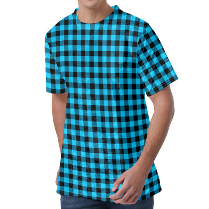 Turquoise And Black Check Pattern Print Men's Velvet T-Shirt