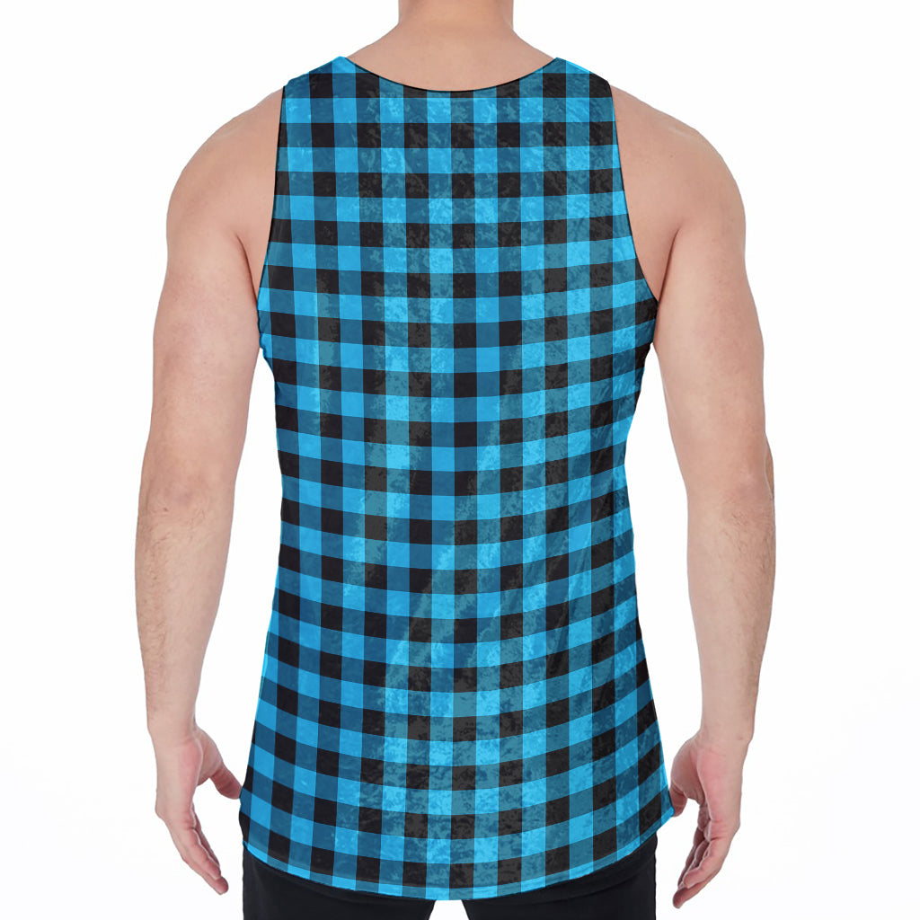 Turquoise And Black Check Pattern Print Men's Velvet Tank Top