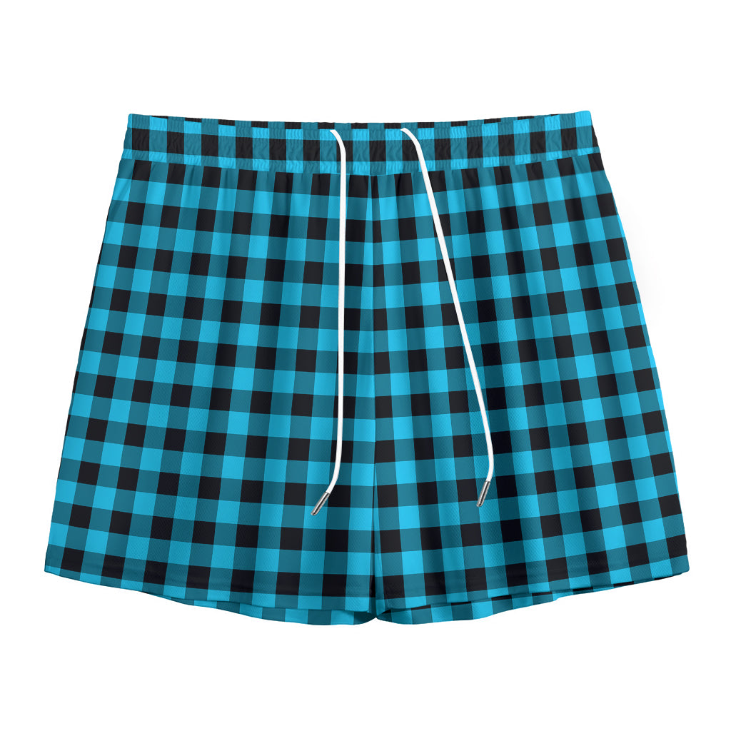 Turquoise And Black Check Pattern Print Mesh Shorts