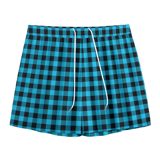 Turquoise And Black Check Pattern Print Mesh Shorts