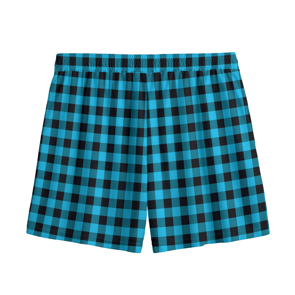 Turquoise And Black Check Pattern Print Mesh Shorts