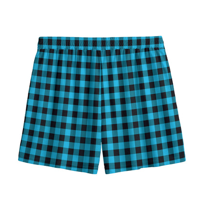Turquoise And Black Check Pattern Print Mesh Shorts