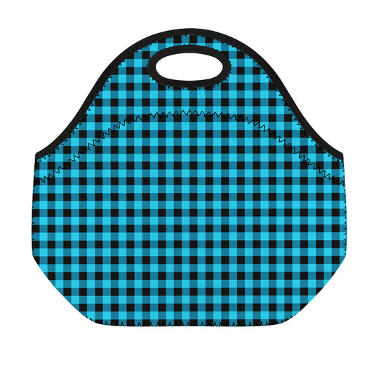 Turquoise And Black Check Pattern Print Neoprene Lunch Bag